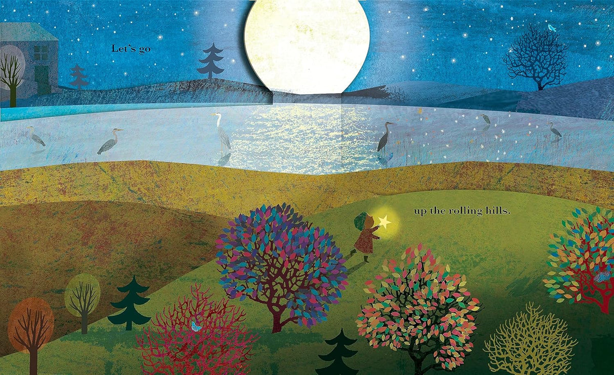 A magical moonlit scene with colorful trees and animals in the picture book A Happy Place by Britta Teckentrup.