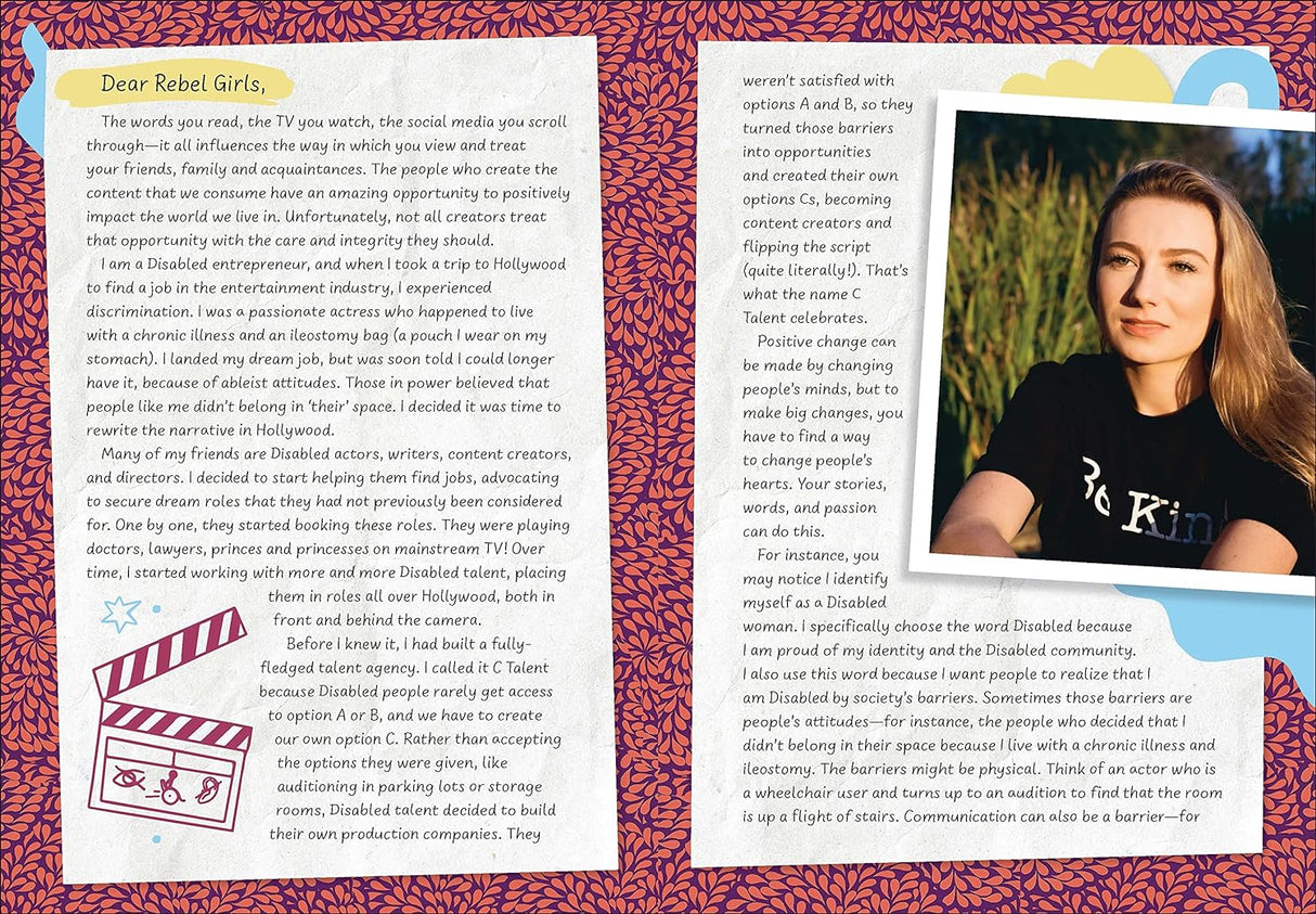 Dear Rebel: 125 Women Share Their Best Advice for the Girls of Today book open to text and photo of a woman in a black t-shirt.