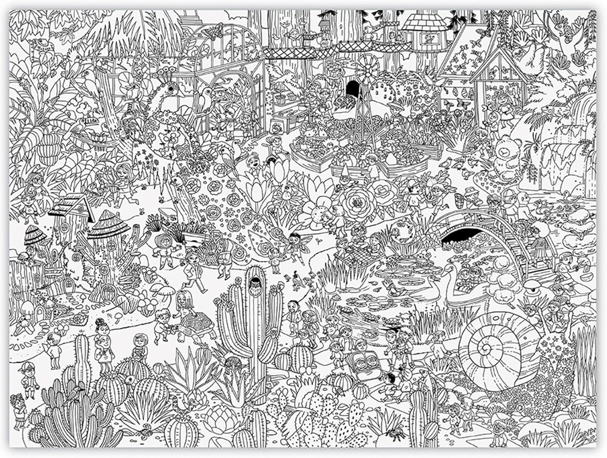 Giant Coloring Poster | Botanical Garden detailed black and white illustration featuring plants, animals, and garden scenes.