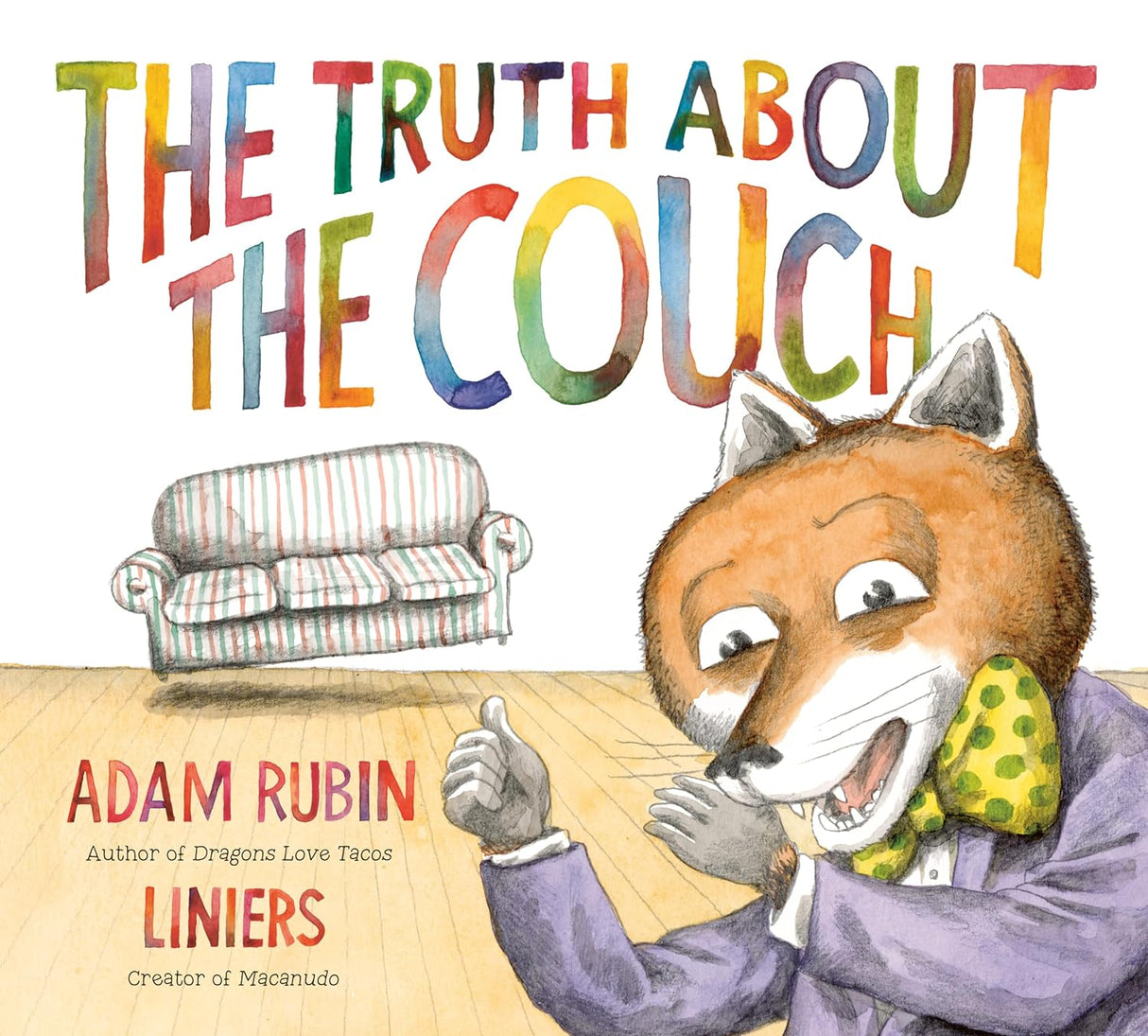 Cover of The Truth About the Couch showing a striped couch and a fox character in a suit with a yellow bow tie.