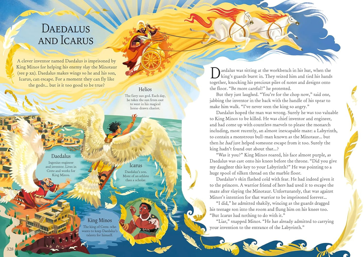 Complete Greek Myths illustrated book spread featuring Daedalus and Icarus