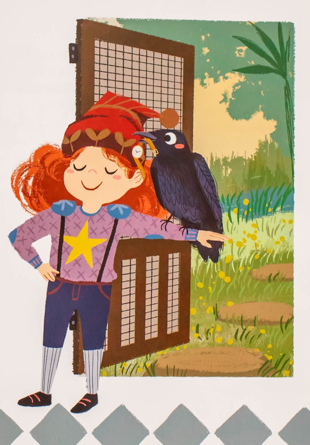 Illustration from My Little Thief showing Chloe with a crow perched on her arm outside a garden gate.