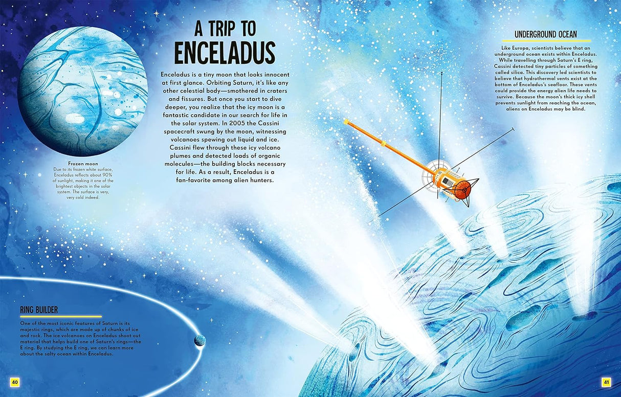 Aliens book image showing NASA spacecraft exploring icy moon Enceladus with ocean plumes and space background.