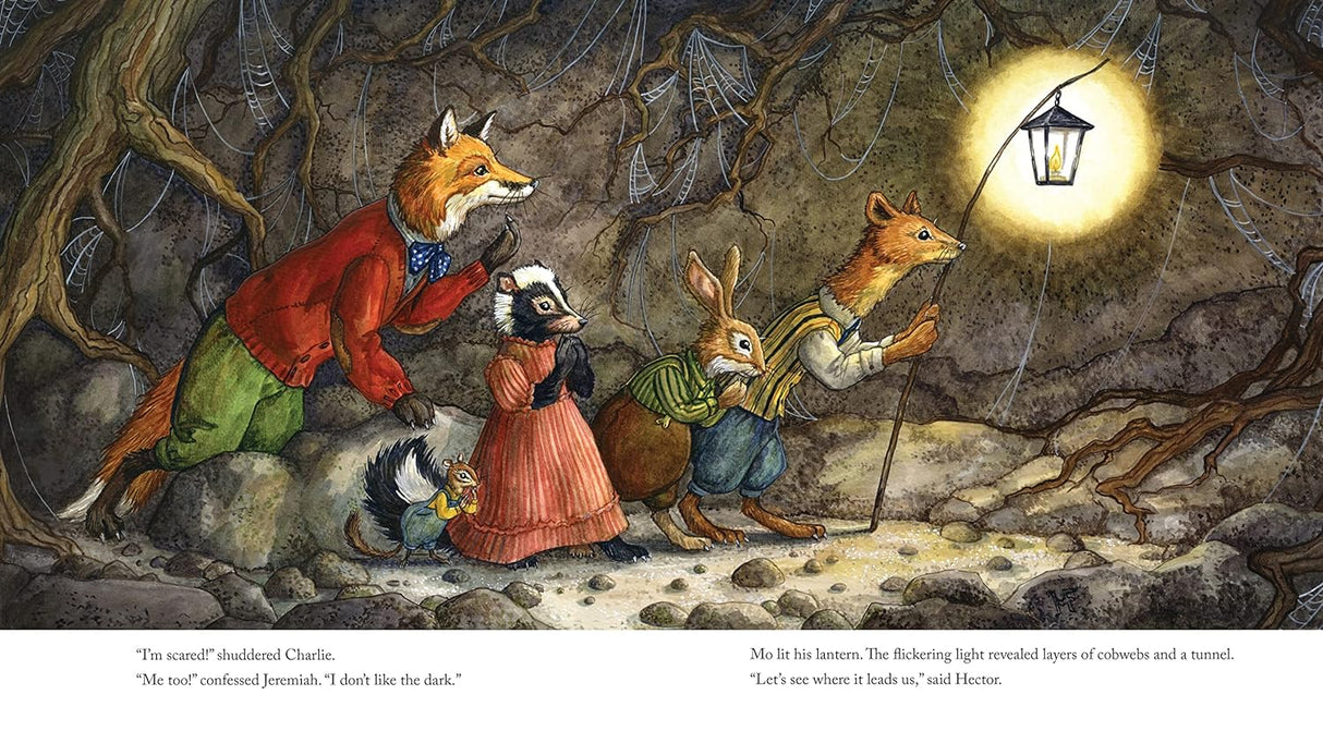 Illustration from Hector Fox & the Map of Mystery showing animals exploring a dark tunnel lit by a lantern.