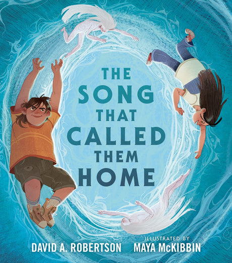 Cover of The Song That Called Them Home showing a boy and girl falling through a swirling watery portal with white bird-like creatures.