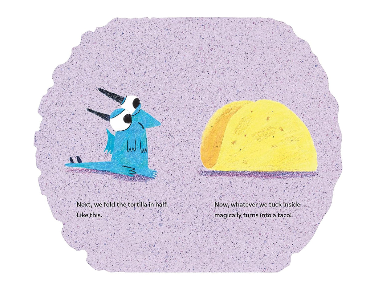 Illustration from Dragon's First Taco showing a blue dragon folding a yellow tortilla into a taco on a purple background.