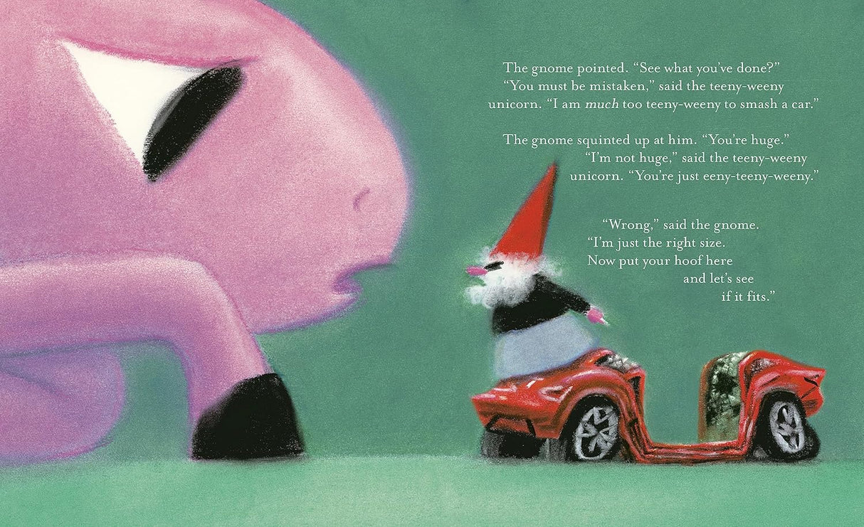 The Teeny-Weeny Unicorn looking at a salty gnome by a tiny red car in a whimsical, illustrated scene.