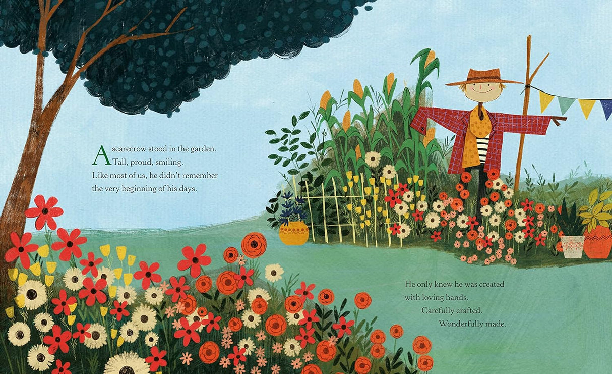 Illustration of a smiling scarecrow in a colorful garden from the book Hopefully the Scarecrow by Michelle Houts.