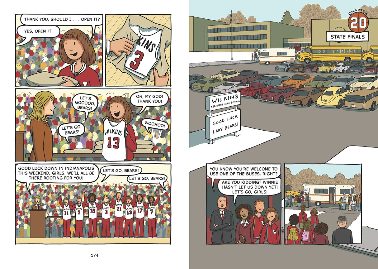 Hoops graphic novel pages showing a girls' basketball team preparing for the 1975 Indiana State Finals.