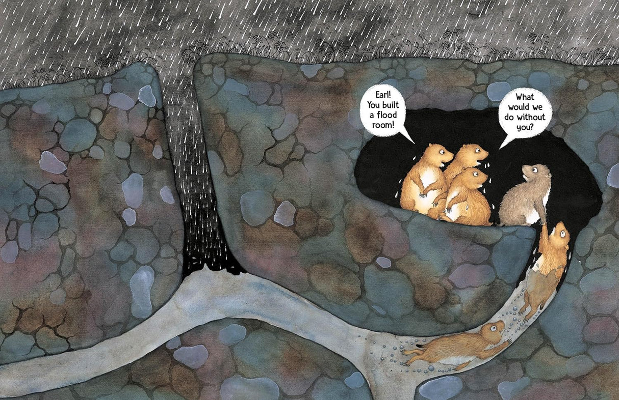 The Outside shows illustrated animals inside a cave, highlighting safety and friendship in a cozy setting.