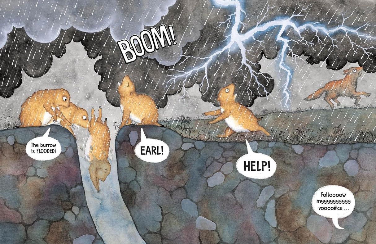 Illustration from The Outside showing animals in a storm with flooded burrow and lightning, highlighting fear and danger.