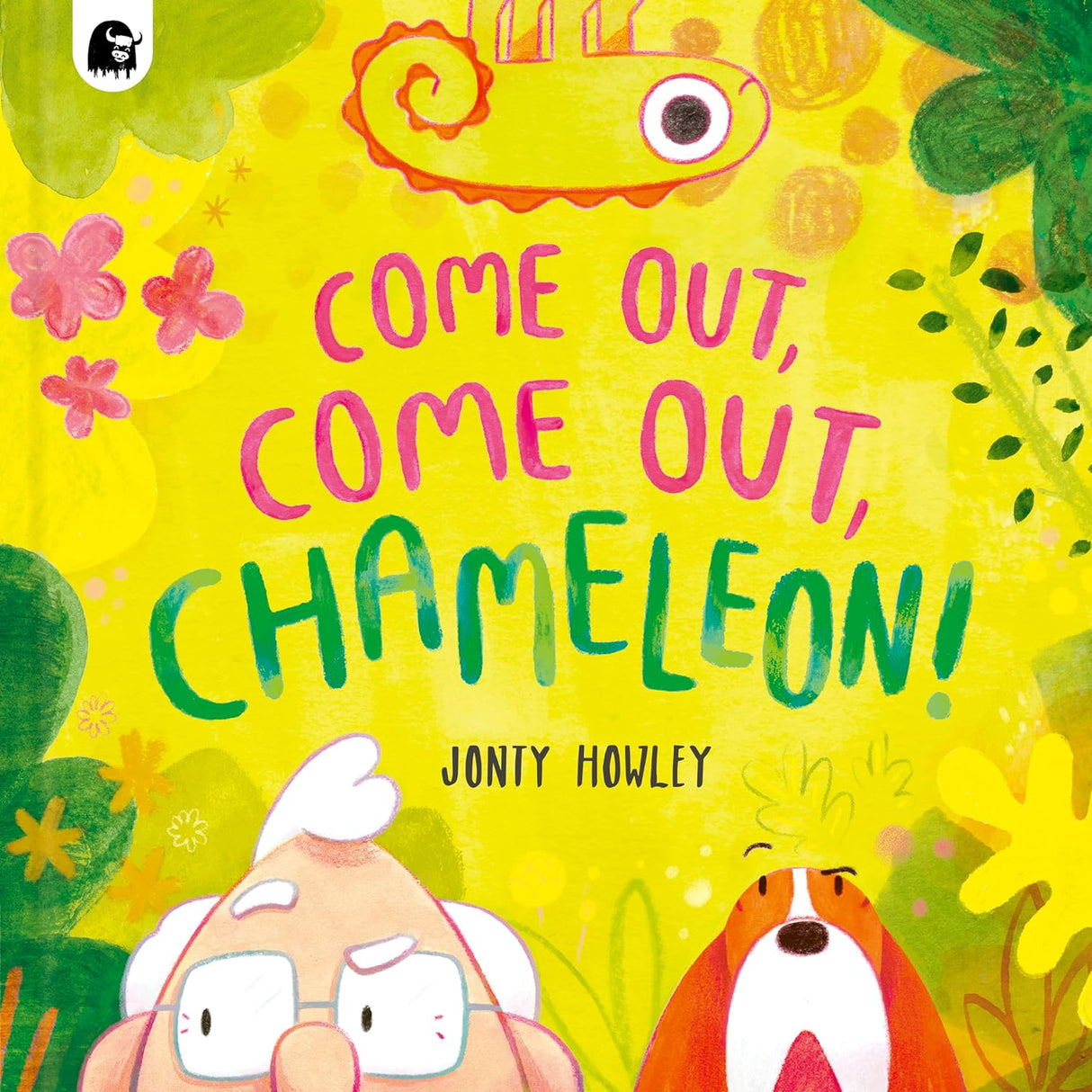 Cover of Come Out, Come Out, Chameleon! showing a colorful chameleon, old man, and dog in a vibrant garden.