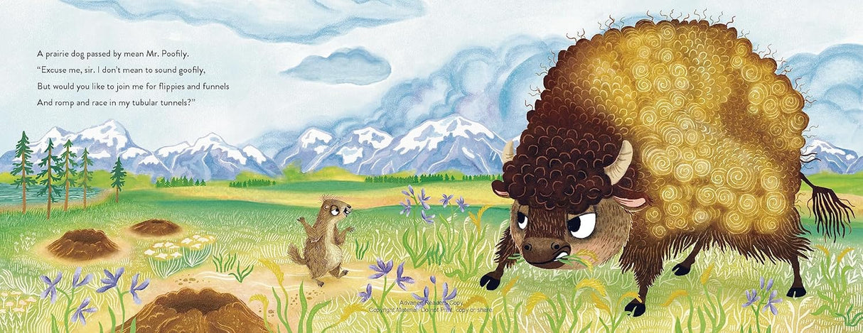 Buffalo Fluffalo boldly stomps near prairie dog in a colorful meadow with mountains in the background.