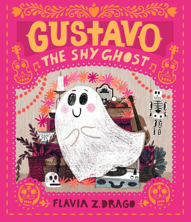 Colorful book cover of Gustavo the Shy Ghost with a friendly ghost surrounded by musical instruments and festive decorations