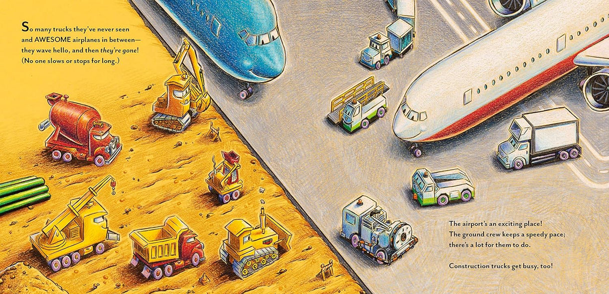 Construction Site: Taking Flight! showing airport vehicles and construction trucks working together near airplanes on a runway.