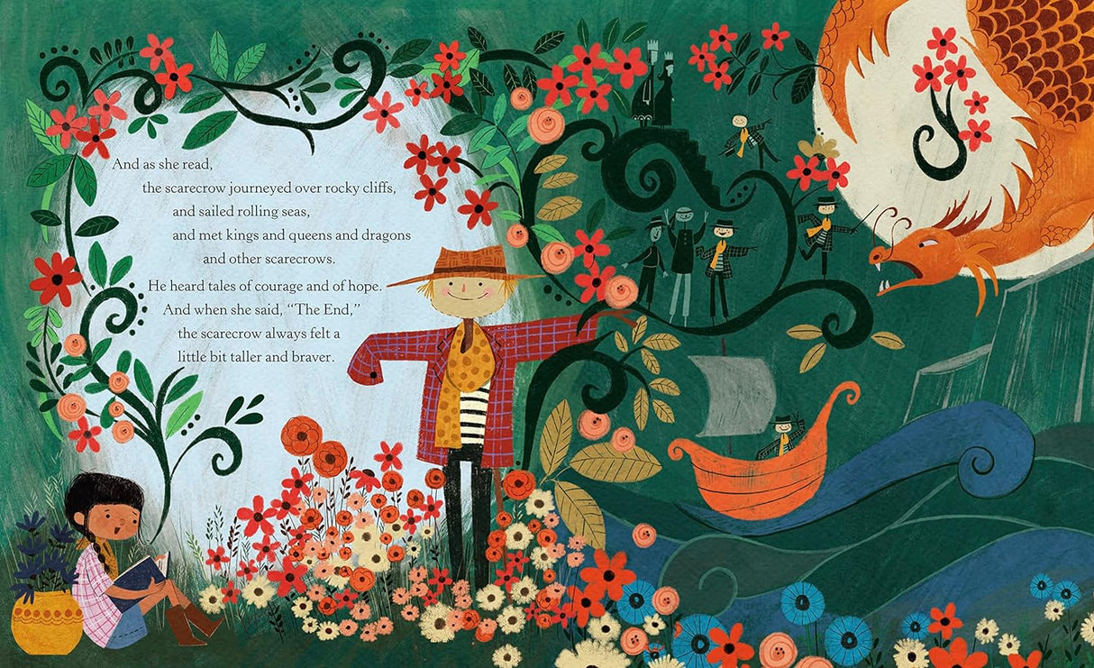 Illustration from Hopefully the Scarecrow showing a girl reading to a tall, smiling scarecrow in a colorful garden.