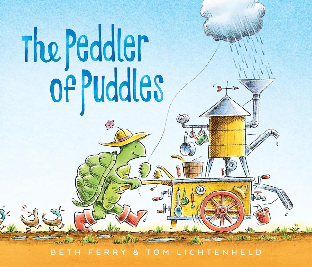 Cover of The Peddler of Puddles showing a turtle peddler with a rain-making machine in a friendly countryside scene.