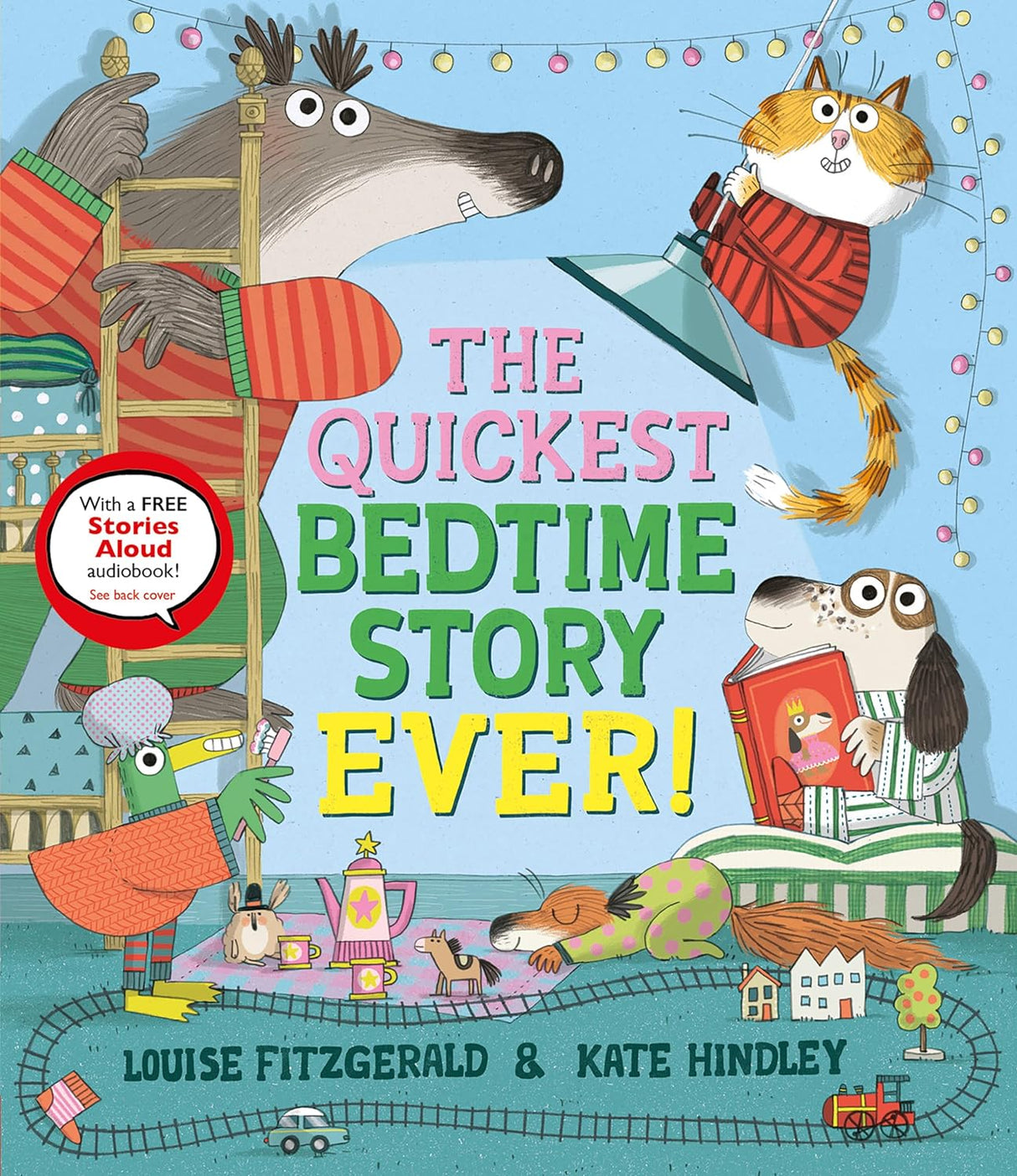 The Quickest Bedtime Story Ever book cover with playful animal characters in colorful pajamas and cozy bedtime setting.
