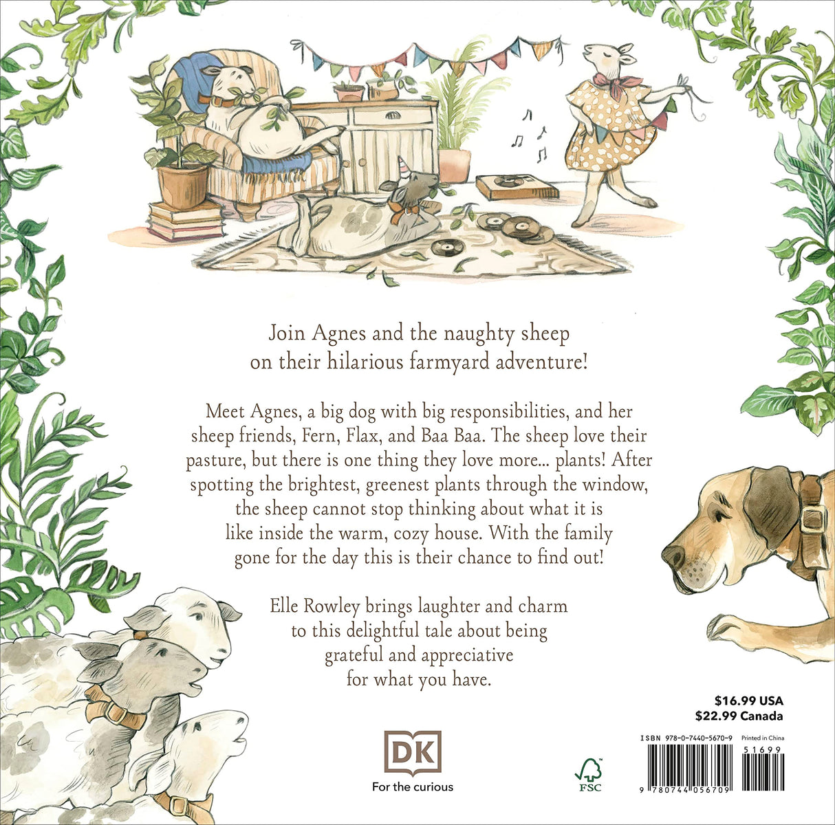 Back cover of Agnes and the Sheep showing playful sheep and Agnes the Great Dane in a cozy farmhouse setting.
