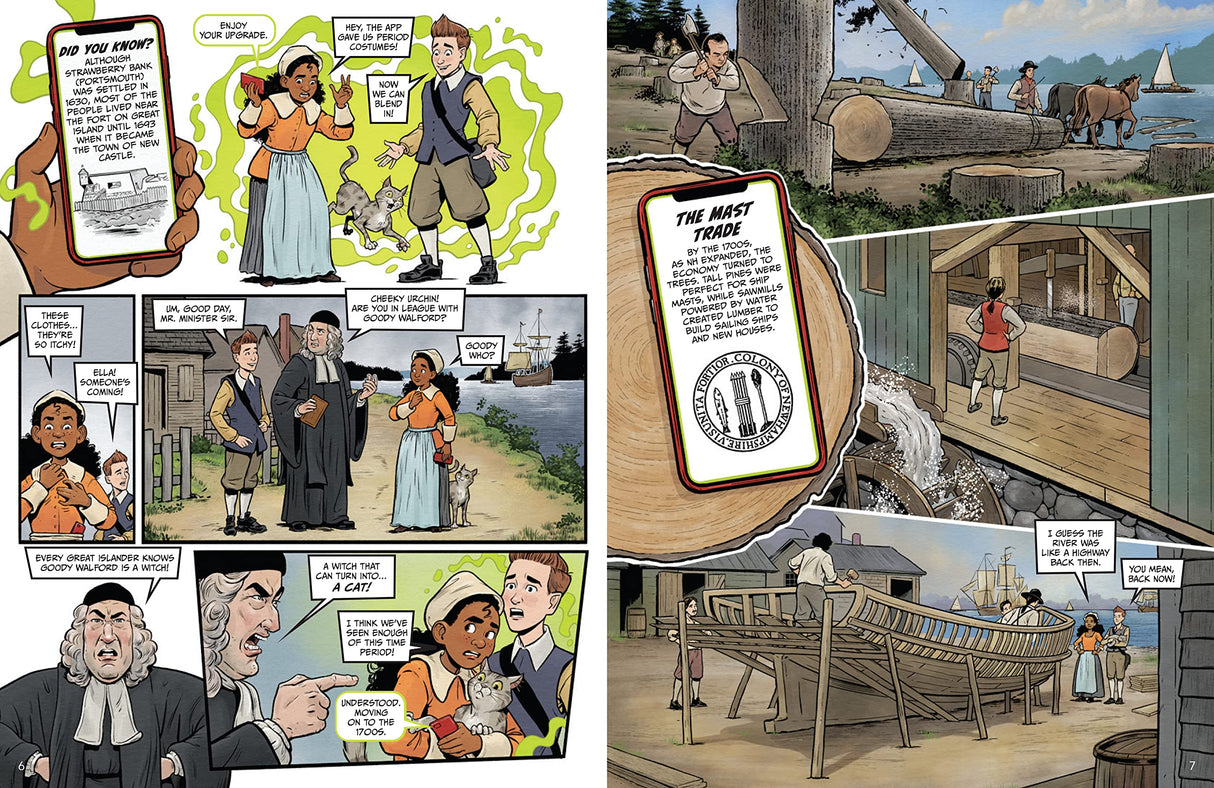 Portsmouth Time Machine graphic novel pages showing historical scenes from Portsmouth’s past with characters Ella and Seth exploring.