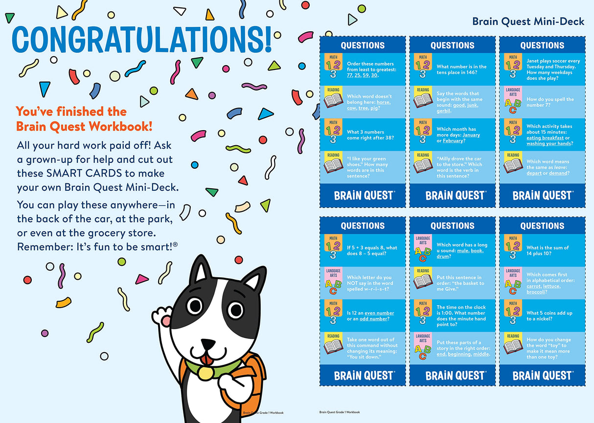 Brain Quest Workbook Grade 1 completion page with colorful confetti, dog mascot, and educational mini deck cards.