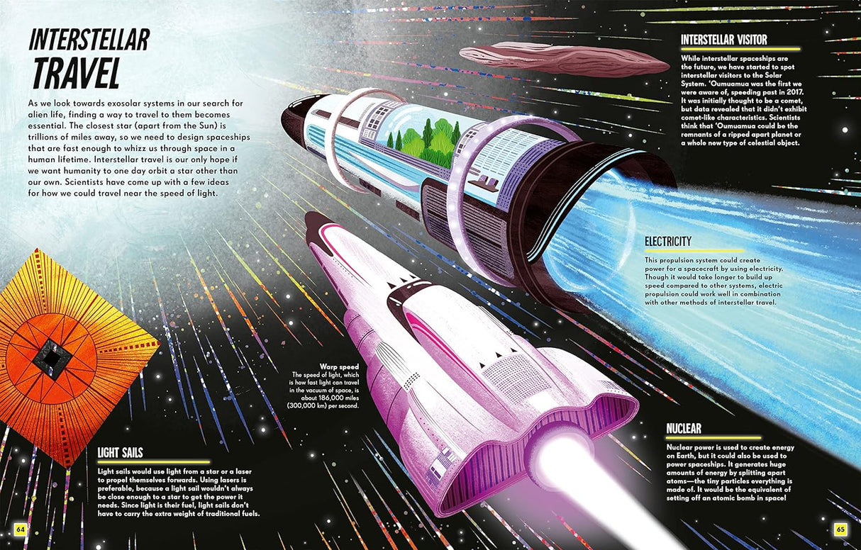 Aliens book illustration showing futuristic spaceship traveling through space on interstellar travel mission.