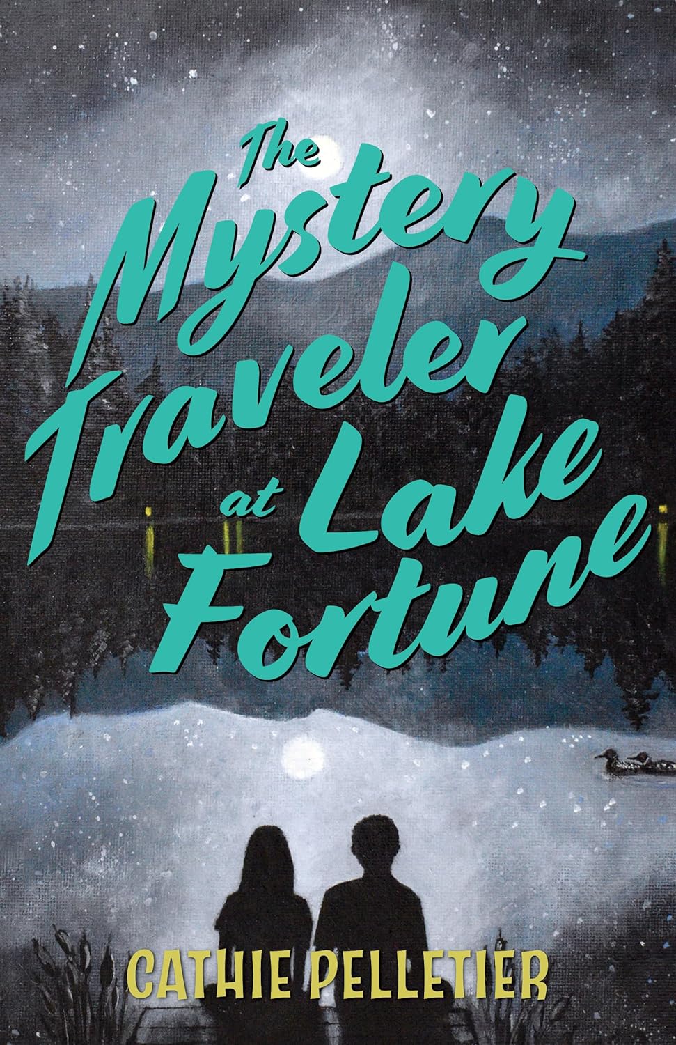 The Mystery Traveler at Lake Fortune book cover with silhouettes by a lake under a starry night sky.