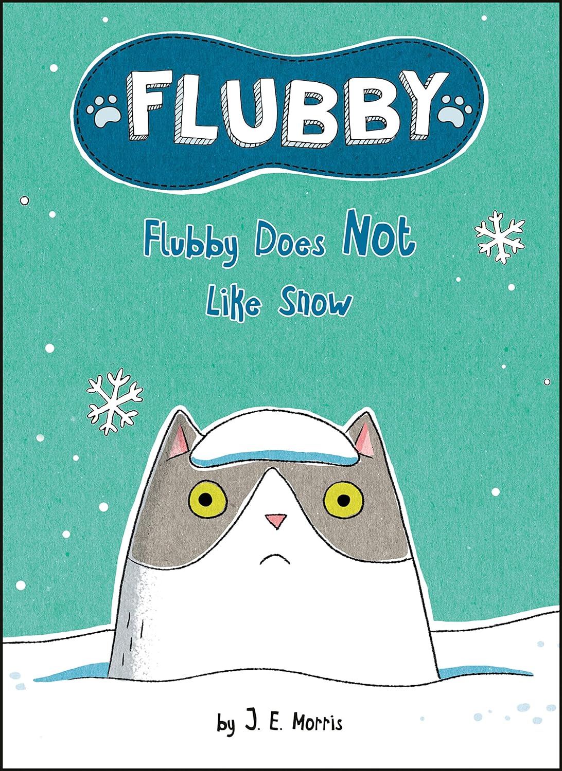Cover of Flubby Does Not Like Snow showing a cat with snow on its head and falling snowflakes on a teal background