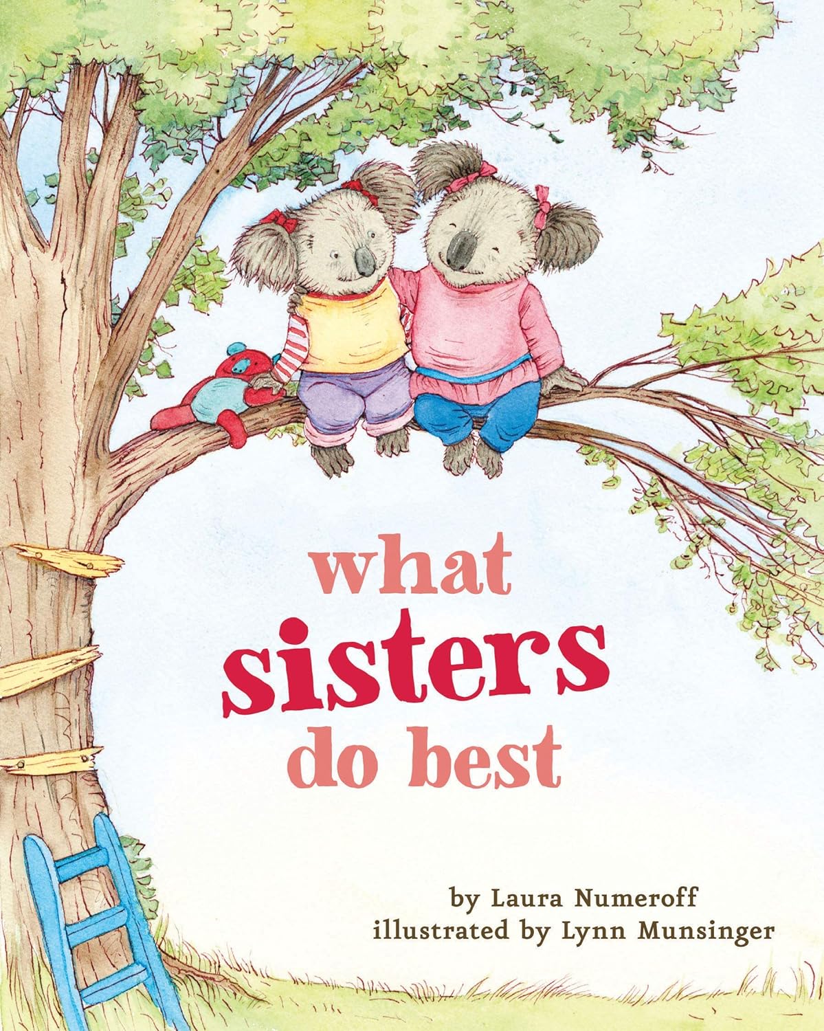 Cover of the board book What Sisters Do Best showing two koalas sitting on a tree branch together.