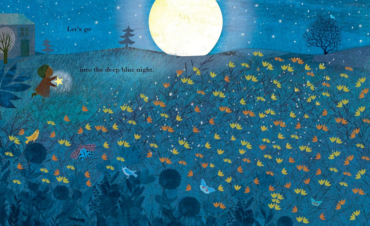 A moonlit scene with animals and a child dancing in a field from the book A Happy Place.