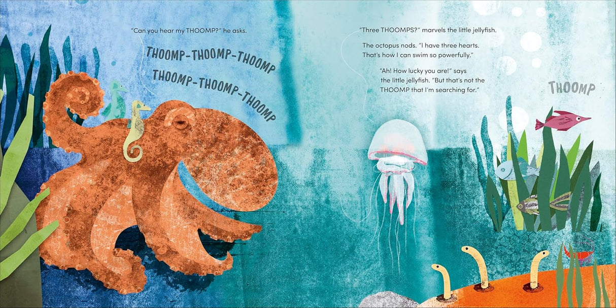 Illustration of a curious jellyfish and an octopus in an underwater scene with plants and a seahorse nearby