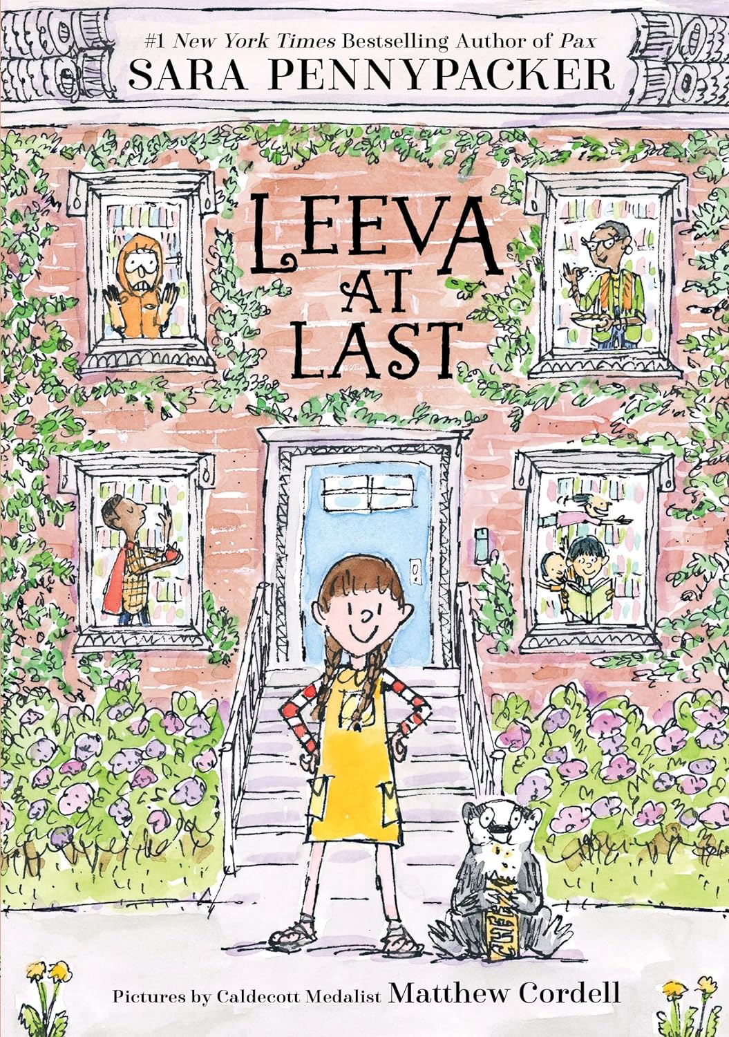 Cover illustration of Leeva at Last showing a girl with braids standing confidently in front of a brick house with people in windows.