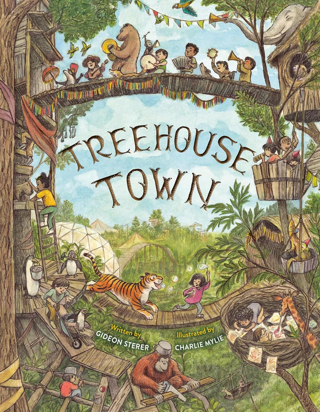 Treehouse Town book cover showing children and animals playing and exploring a detailed treetop village.