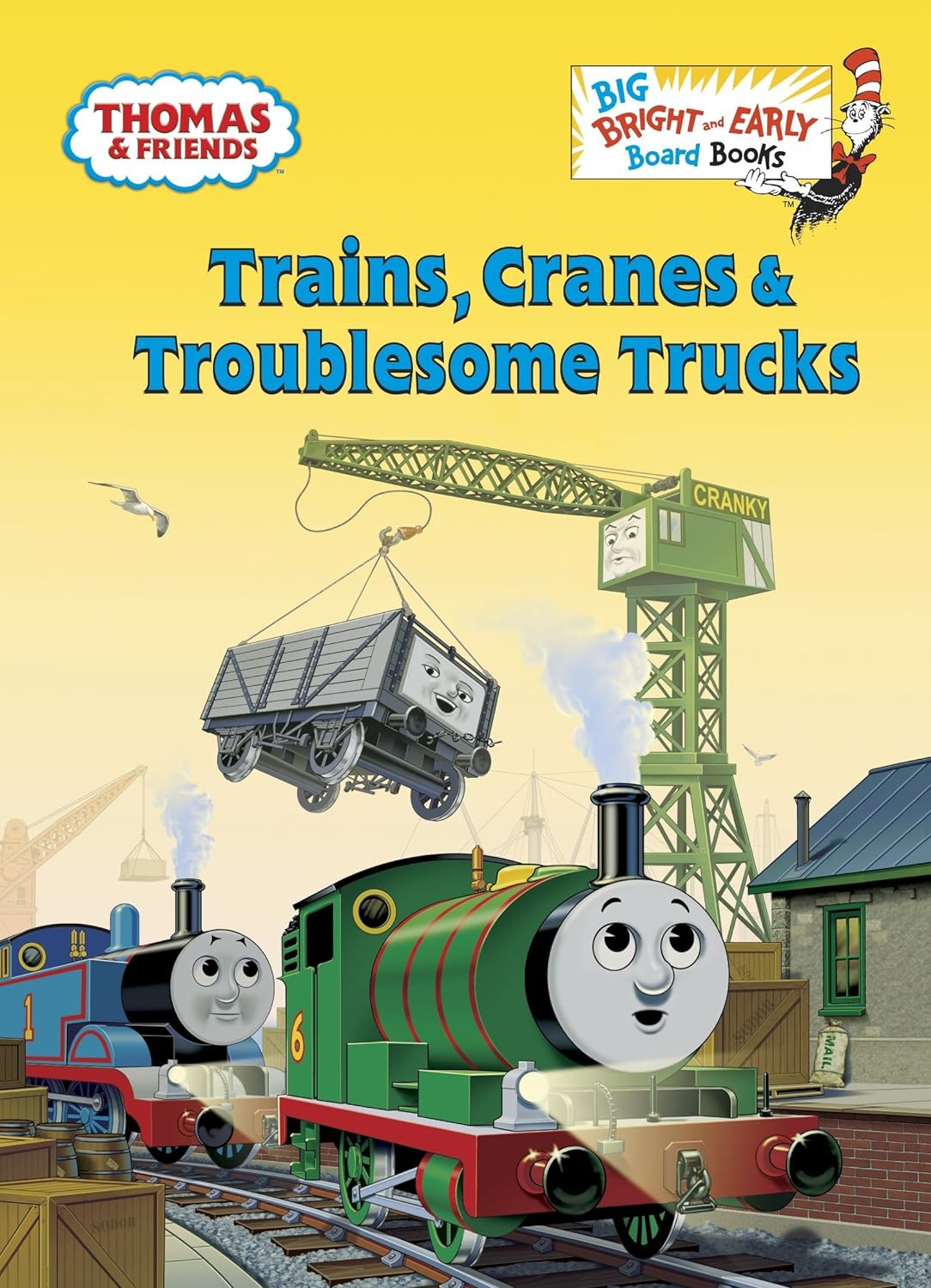 Thomas Trains Cranes Trouble board book cover with Thomas, Percy, and crane Cranky lifting a truck on tracks.