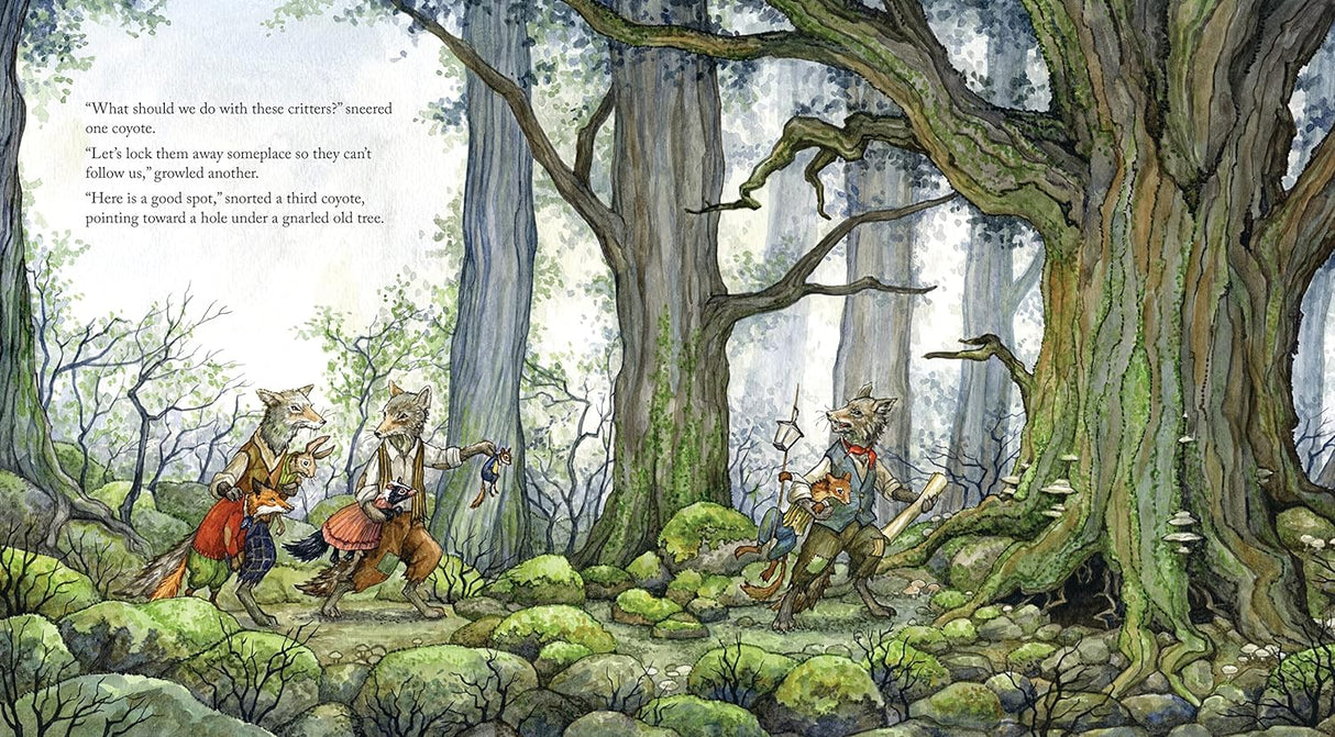 Illustration from Hector Fox & the Map of Mystery showing forest scene with coyotes capturing Hector Fox and friends.