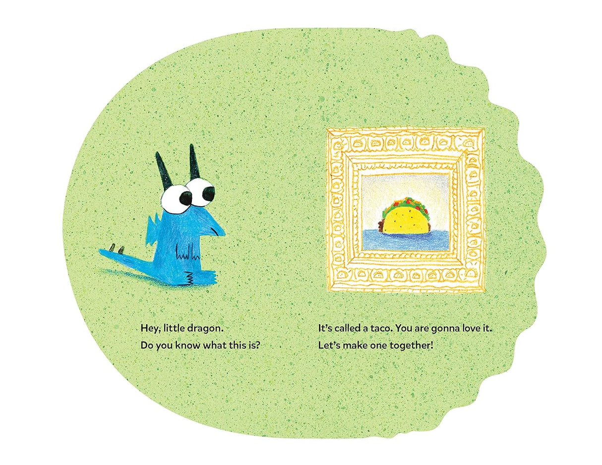 Illustration from Dragon's First Taco showing a blue dragon looking at a framed taco on a green background.