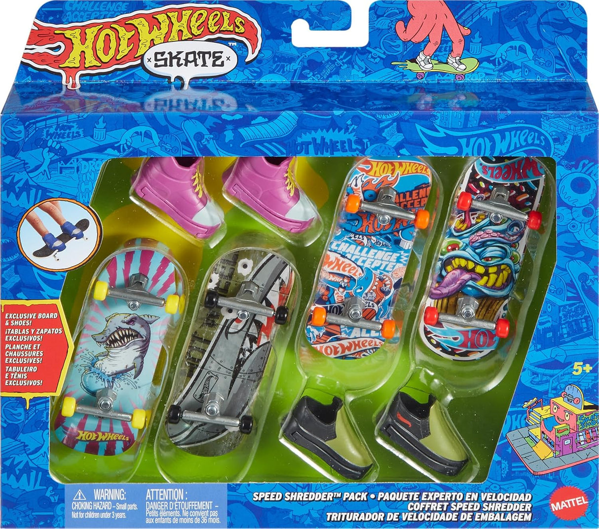 Hot Wheels Skate Multipack with 4 fingerboards and 2 sneaker attachments featuring Tony Hawk designs and vibrant graphics.