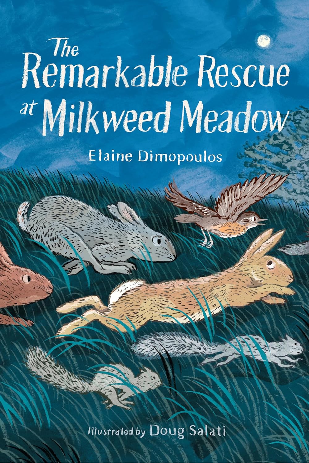 The Remarkable Rescue at Milkweed Meadow book cover showing rabbits, a bird, and woodland animals in a grassy meadow at night.