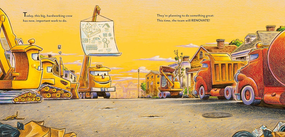 Construction Site: Garbage Crew to the Rescue! shows cheerful construction vehicles ready to renovate a neighborhood at sunset.