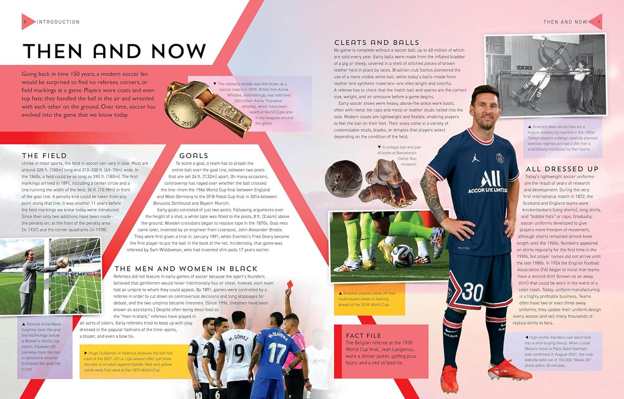 Open book spread showing the evolution of soccer with images of players, old equipment, and Lionel Messi in PSG kit.