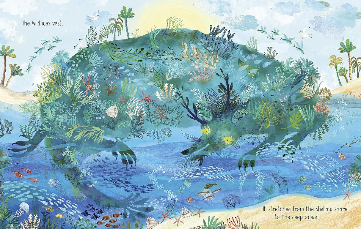 Illustration from The Wild showing Earth as a giant ocean creature surrounded by marine life and lush greenery.