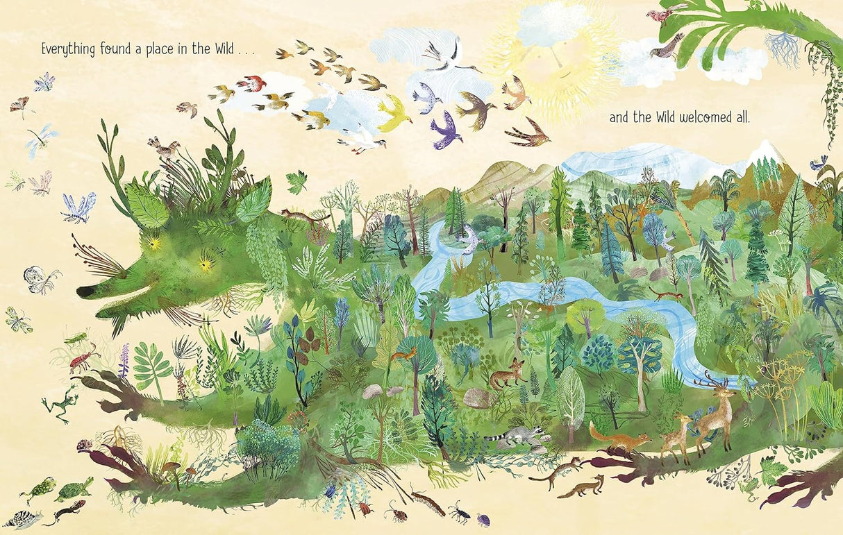 The Wild book illustration showing a vibrant, lush forest with animals and a river forming a giant creature shape.