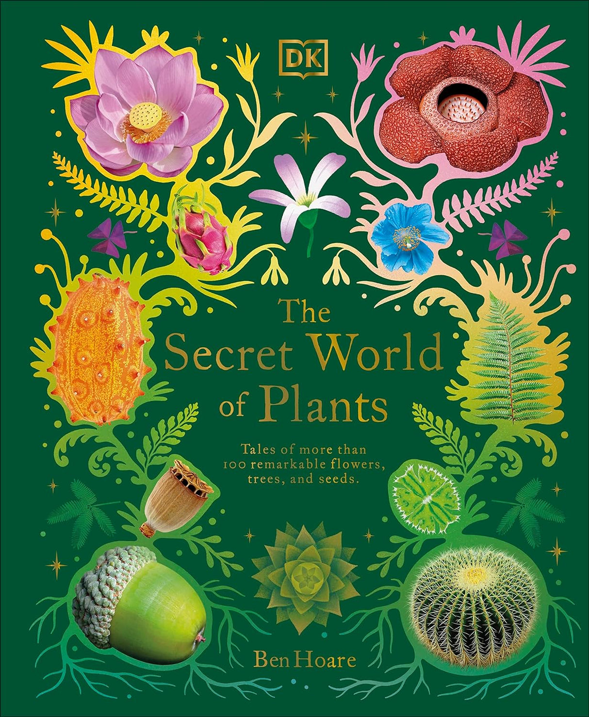 The Secret World of Plants book cover featuring colorful illustrated flowers, seeds, and plants on green background.