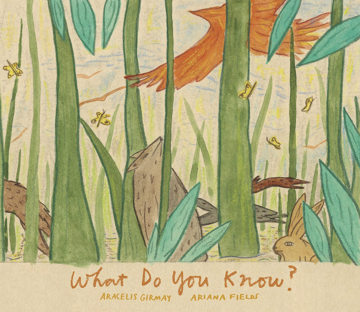 Illustration from What Do You Know? showing forest animals, butterflies, and a bird among tall green plants.