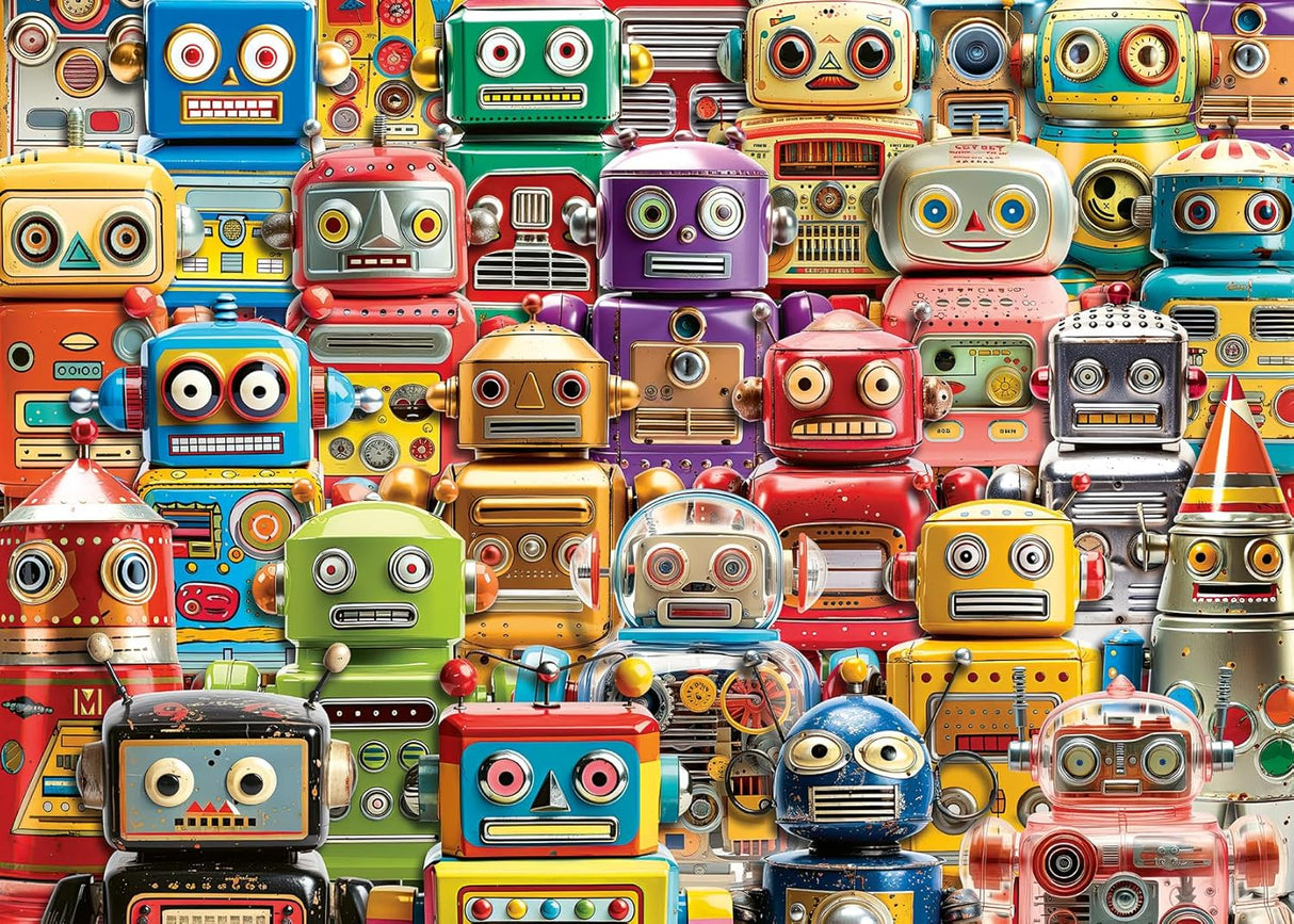 500pc Retro Robots Large Format Puzzle featuring colorful vintage toy robots from the 1950s and 60s in a vibrant collage.