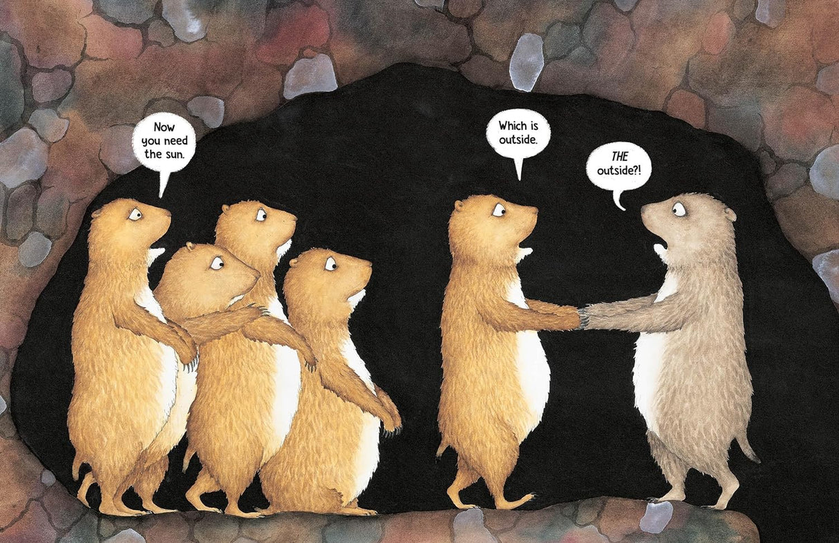 Illustrated scene from The Outside showing animals discussing venturing outside from their cozy underground home.