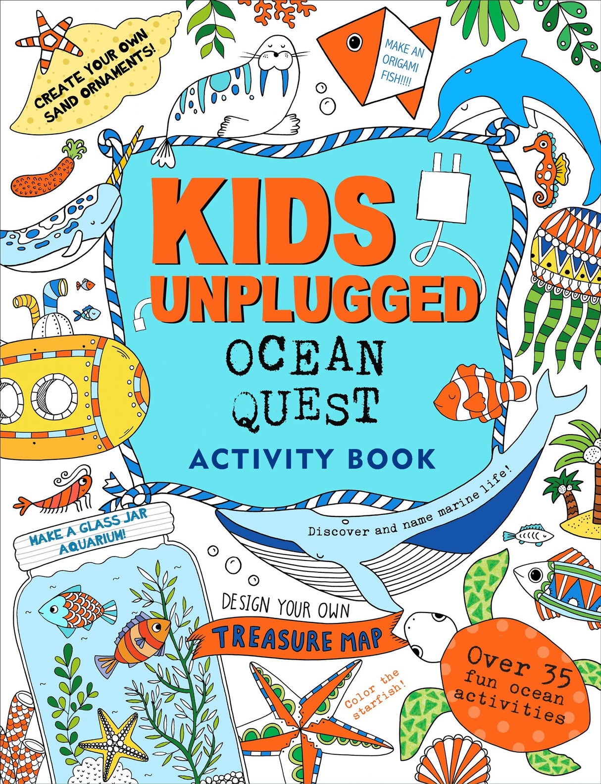 Kids Unplugged Ocean Quest activity book cover with ocean animals, crafts, and fun educational puzzles for kids.