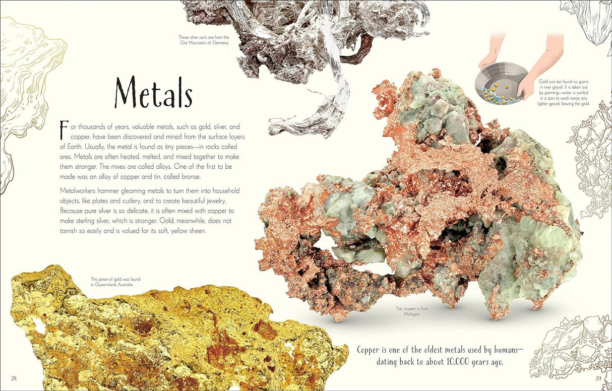 Anthology of Our Extraordinary Earth showing detailed images and information about metals like gold and copper found on Earth.