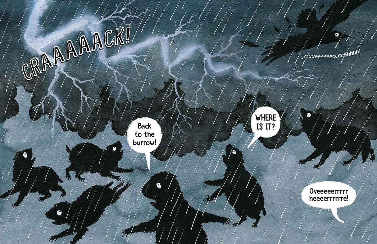 The Outside shows silhouetted animals in a storm, highlighting fear of the outside and safety of the burrow.