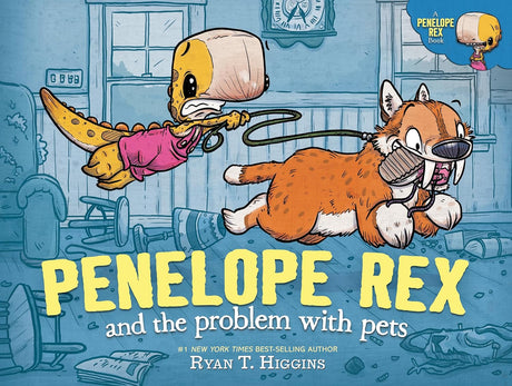 Penelope Rex in a pink dress chases a dog with a bone in its mouth in Penelope Rex and the Problem With Pets.